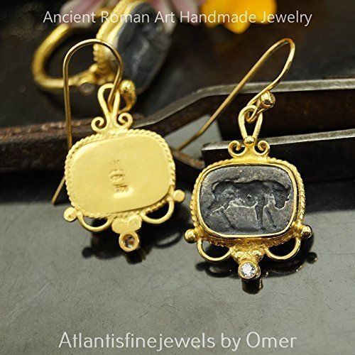 Omer Handcrafted Oxidized Bull Coin Earrings 925 k Silver Roman Art Jewelry