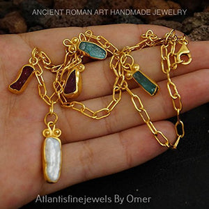 Omer Rough Apatite & Pearl & Ruby Solid Links Charm Necklace 24k Gold Vermeil