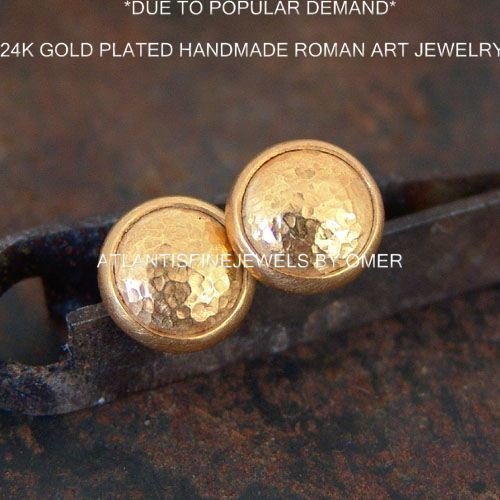Turkish Stud Earrings Handmade Designer Jewelry By Omer 925 Sterling Silver 24 k Yellow Gold Plated