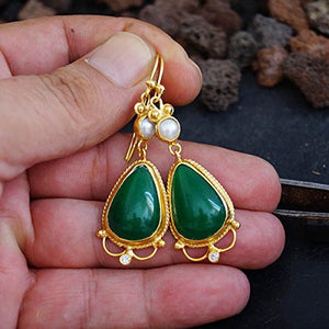 925k Silver Handmade Green Jade & Pearl Earrings 24k Gold Plated Handcrafted Turkihsh Designer Jewelry Women Earrings Ancien Roman Art