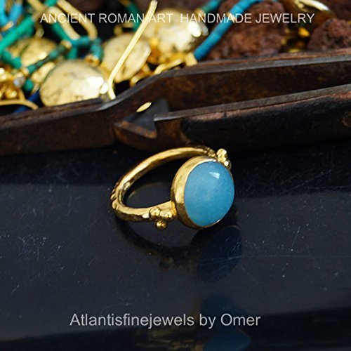 Turkish Hammered Jewelry Blue Chalcedony Ring 925 Sterling Silver 24 k Yellow Gold Plated