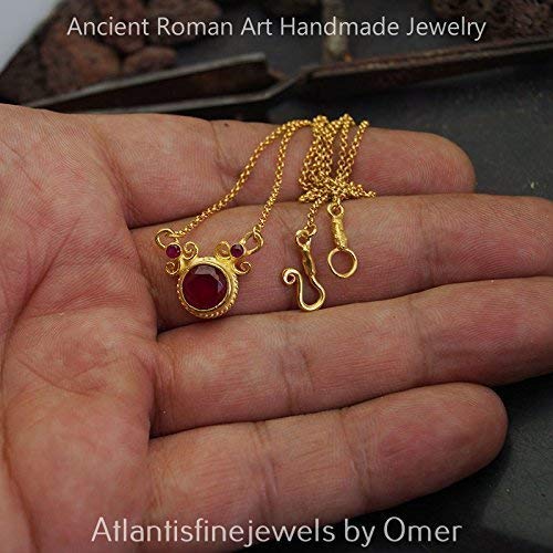 Roman Art Red Topaz Necklace 24k Gold Vermeil Sterling Silver Fine Turkish Jewel