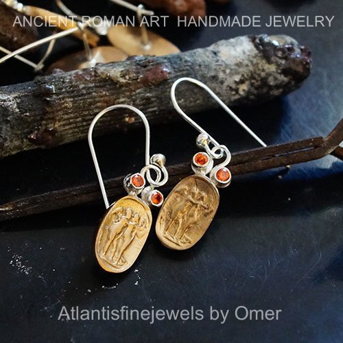 Handmade Designer Orange Topaz Coin Earrings By Omer 24k Gold over 925k Silver