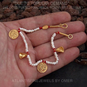 Handmade Pearl & Coral Troy Bead Bracelet 24k Gold Over Sterling Silver By Omer