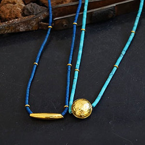 925 Silver 2 Custom Made Heishi Lapis & Turquoise Necklace 24k Gold Plated Omer