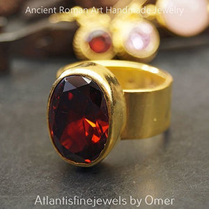 Turkish Garnet Ring Handmade Designer Jewelry By Omer 925 Sterling Silver 24 k Yellow Gold Plated