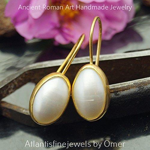 Roman Art Drop Pearl Earrings By Omer 24 k Yellow Gold Over 925 Sterling Silver