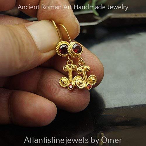 Omer Ancient Art Dangle Garnet Earrings 24k Gold over 925k Silver Turkish Fine Jewelry
