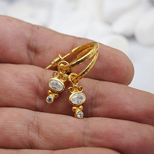 Anatolian Hammered Hoop Earrings & Topaz Charms 24 k Yellow Gold Over 925 Silver