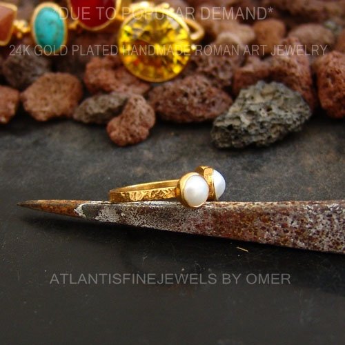 925k Sterling Silver Tria Pearl Ring 24k Yellow Gold Vermeil, Turkish Jewelry Ri
