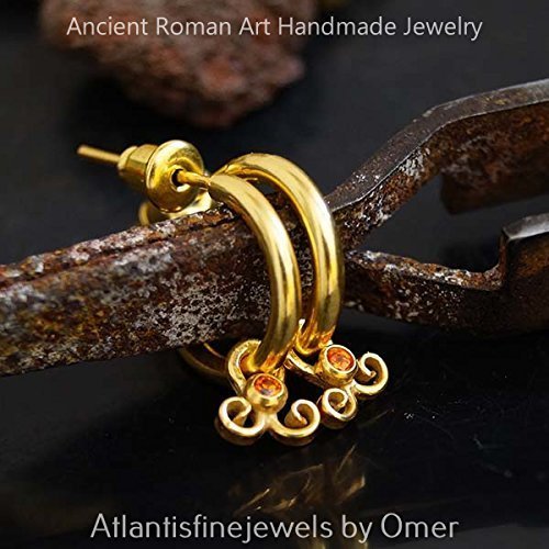 Turkish Orange Topaz Earrings Handmade Designer Jewelry By Omer 925 Sterling Silver 24 k Yellow Gold Plated