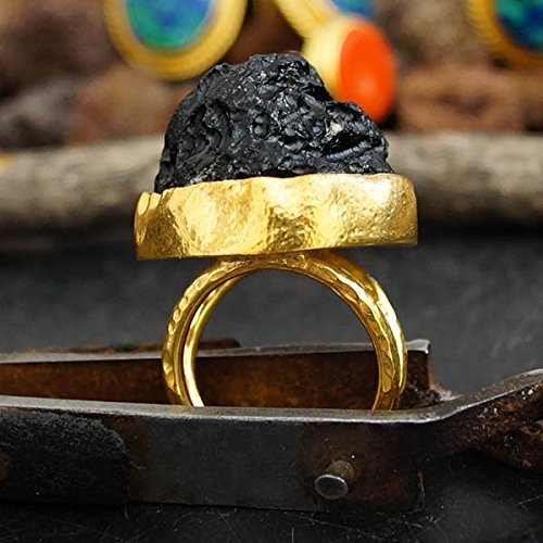 Meteorite Tektite Ring By Omer Handmade Roman Art 24k Gold Over Fine Silver Size