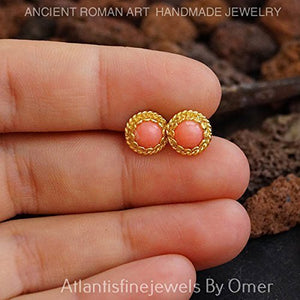 Ancient Roman Art Coral Stud Earrings By Omer 24 k Gold Over Sterling Silver
