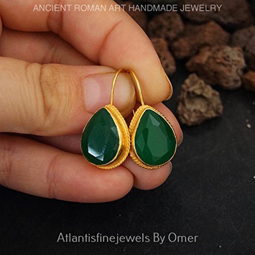 925 Silver Handmade Large Drop Green Jade Gold Earrings Turkish Jewelry By Omer