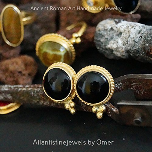 Handmade Onyx Stud Earrings 24 k Gold Over 925 Sterling Silver By Omer