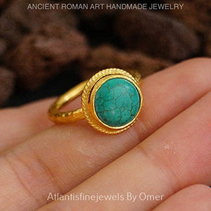 Roman Art Sterling Silver Turquoise Ring Handmade By Omer 24 k Gold Vermeil