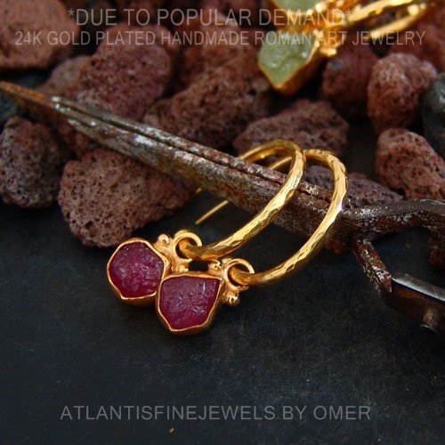 Handmade Hoop Earrings With Rough Ruby Charms 24 k Gold Over 925 k Silver By Omer