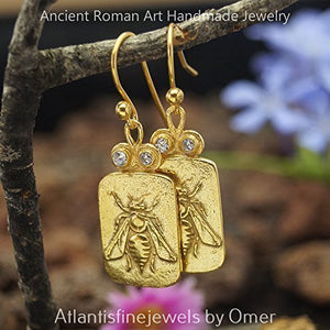 AtlantisFineJewels White Topaz Bee Coin Earrings 925 k Sterling Silver Roman Art