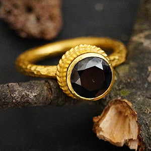 Turkish Black Onyx Ring Handmade Designer Jewelry By Omer 925 Sterling Silver 24 k Yellow Gold Plated