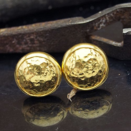 Turkish Hammered Stud Earrings Handmade Designer Jewelry By Omer 925 Sterling Silver 24 k Yellow Gold Plated