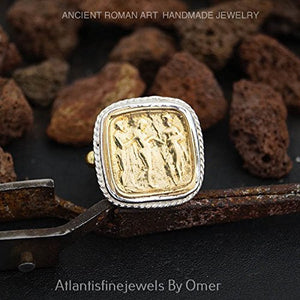 Handmade 2 Tone Sterling Silver Ancient Roman Art Coin Ring By Omer