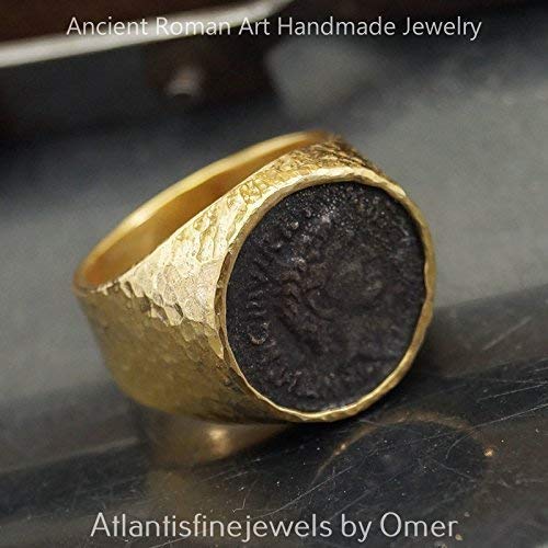 Turkish Oxidized Coin Ring Handmade Designer Jewelry By Omer 925 Sterling Silver 24 k Yellow Gold Plated