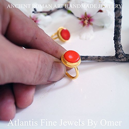 Red Coral Ring 925 k Sterling Silver 24 k Gold Plated Handmade Design By Omer