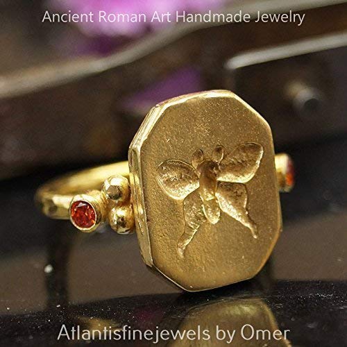 Turkish Butterfly Bronze Coin Ring Handmade Designer Jewelry By Omer 925 Sterling Silver 24 k Yellow Gold Plated