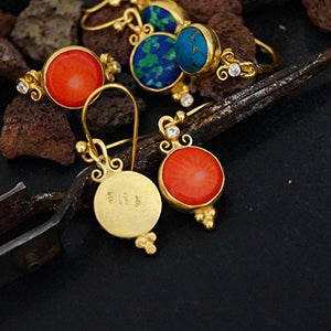 Handmade Roman Art Coral & Topaz Hook Earrings 24k Gold Over 925k Silver By Omer