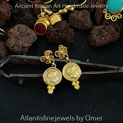Handmade Roman Art Coin Earrings W/Yellow Topaz By Omer 24k Gold Over 925 Silver