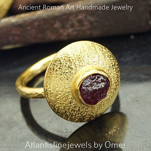 Turkish Rough Ruby Ring Handmade Designer Jewelry By Omer 925 Sterling Silver 24 k Yellow Gold Plated