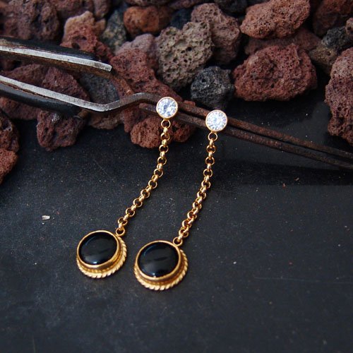 925 Sterling Silver Handmade Onyx & White Topaz Chain Earrings 24k Gold Vermeil