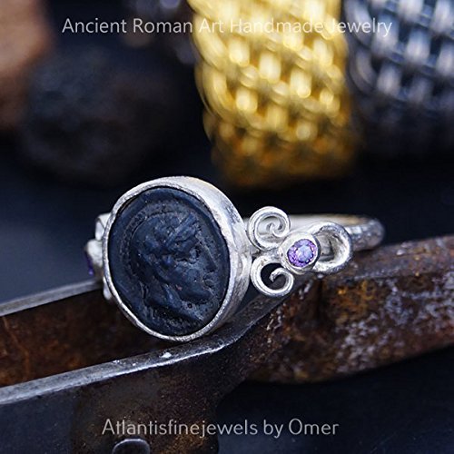 Hammered Handmade Roman Art Coin Ring W/ Amethyst 925k Sterling Silver By Omer