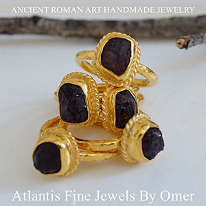  Turkish Rough Garnet Ring Handmade Designer Jewelry By Omer 925 Sterling Silver 24 k Yellow Gold Plated
