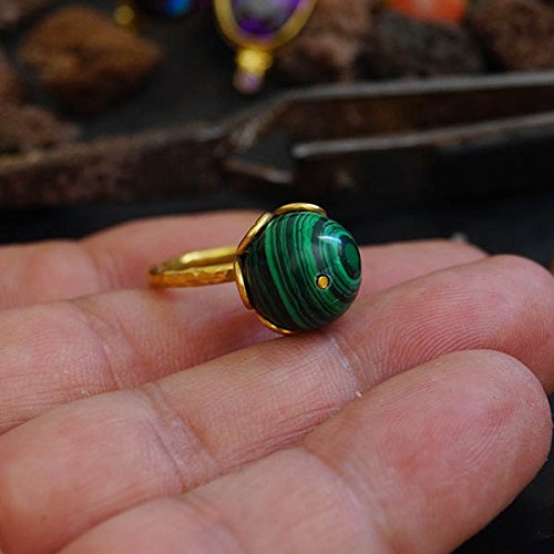 Turkish Hammered Malachite Ring 925 Sterling Silver 24 k Yellow Gold Plated