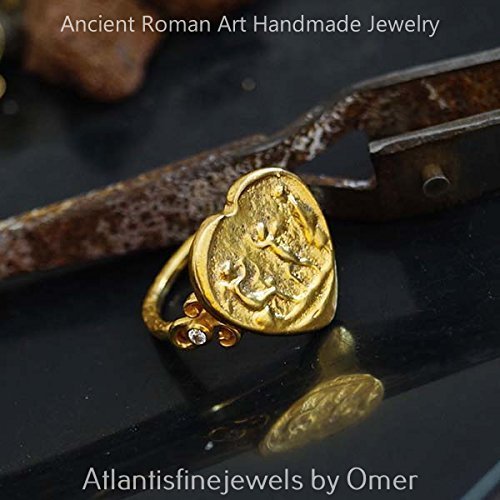 925 k Silver Handmade Roman Art White Topaz Coin Ring By Omer 24 k Gold Vermeil