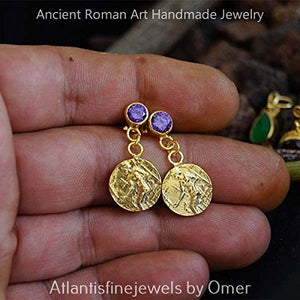 Handmade Amethyst Earrings W/ Coin By Omer 24k Yellow Gold Over 925 Silver