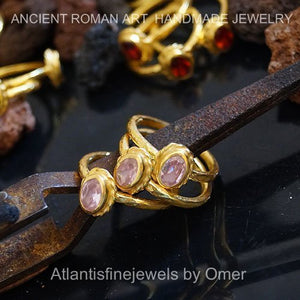 1 pcs Roman Art Oval Pink Topaz Stack Ring 24k Gold Over 925 k Silver By Omer