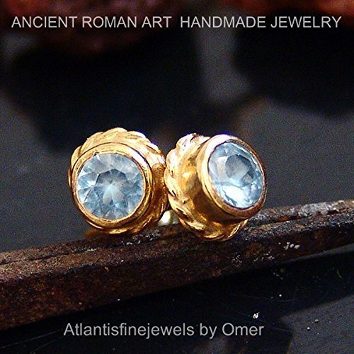  Turkish Aquamarine Earrings Handmade Designer Jewelry By Omer 925 Sterling Silver 24 k Yellow Gold Plated