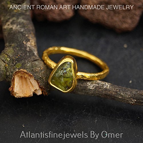 Turkish Peridot Ring Handmade Designer Jewelry By Omer 925 Sterling Silver 24 k Yellow Gold Plated