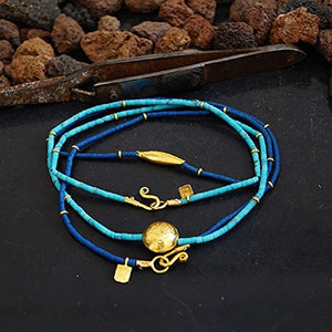 925 Silver 2 Custom Made Heishi Lapis & Turquoise Necklace 24k Gold Plated Omer