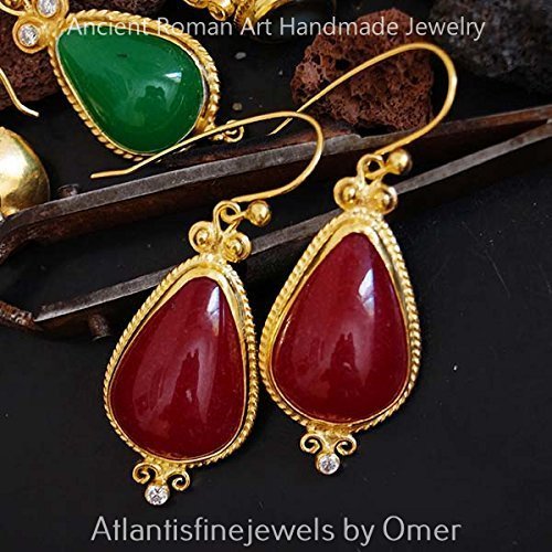 Handmade Roman Art Large Red Jade Earrings 24 k Gold Over 925 k Sterling Silver By Omer