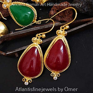Handmade Roman Art Large Red Jade Earrings 24 k Gold Over 925 k Sterling Silver By Omer