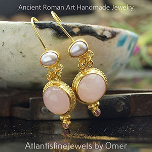 Omer 925 Silver Rose Quartz & Gray Pearl Handmade Turkish Artisan Gold Earrings