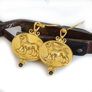 Turkish Lion Coin Earrings Handmade Designer Jewelry By Omer 925 Sterling Silver 24 k Yellow Gold Plated