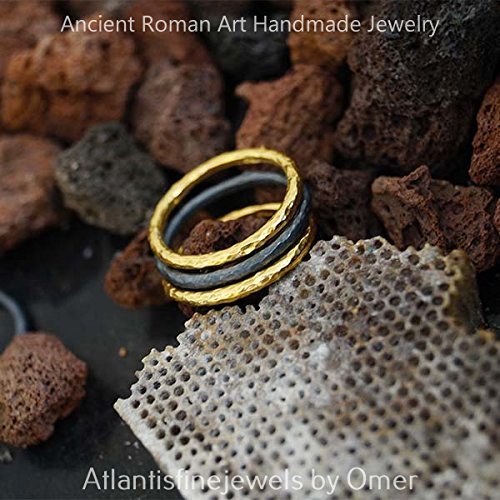 925 k Silver Handmade 3 Hammered Stack Rings Blacked & 24k Gold Vermeil By Omer