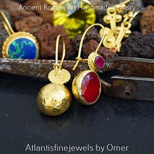 Hammered Handmade Red Topaz Earrings 24k Gold Over 925 Sterling Silver By Omer