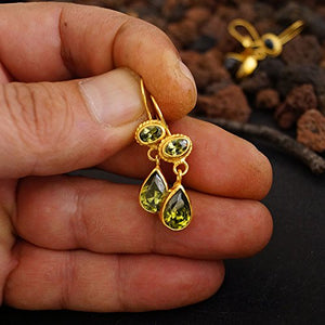 925 Sterling Silver Handmade Peridot Earrings 24k Yellow Gold Vermeil Handcrafted Roman Art Design Women Earrings Turkish Designer Jewelry