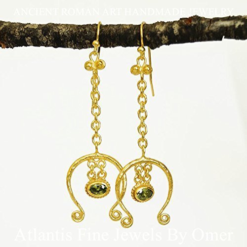 Turkish Charms Peridot Earrings Handmade Designer Jewelry By Omer 925 Sterling Silver 24 k Yellow Gold Plated
