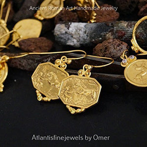 925k Sterling Silver Handmade Roman Art Yellow Topaz Lion Coin Earrings By Omer